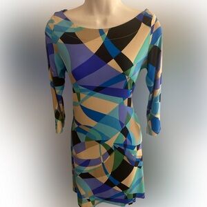 Barbara Gerwit Multicolor Geometric Pattern Dress -S blue green , poly spandex
